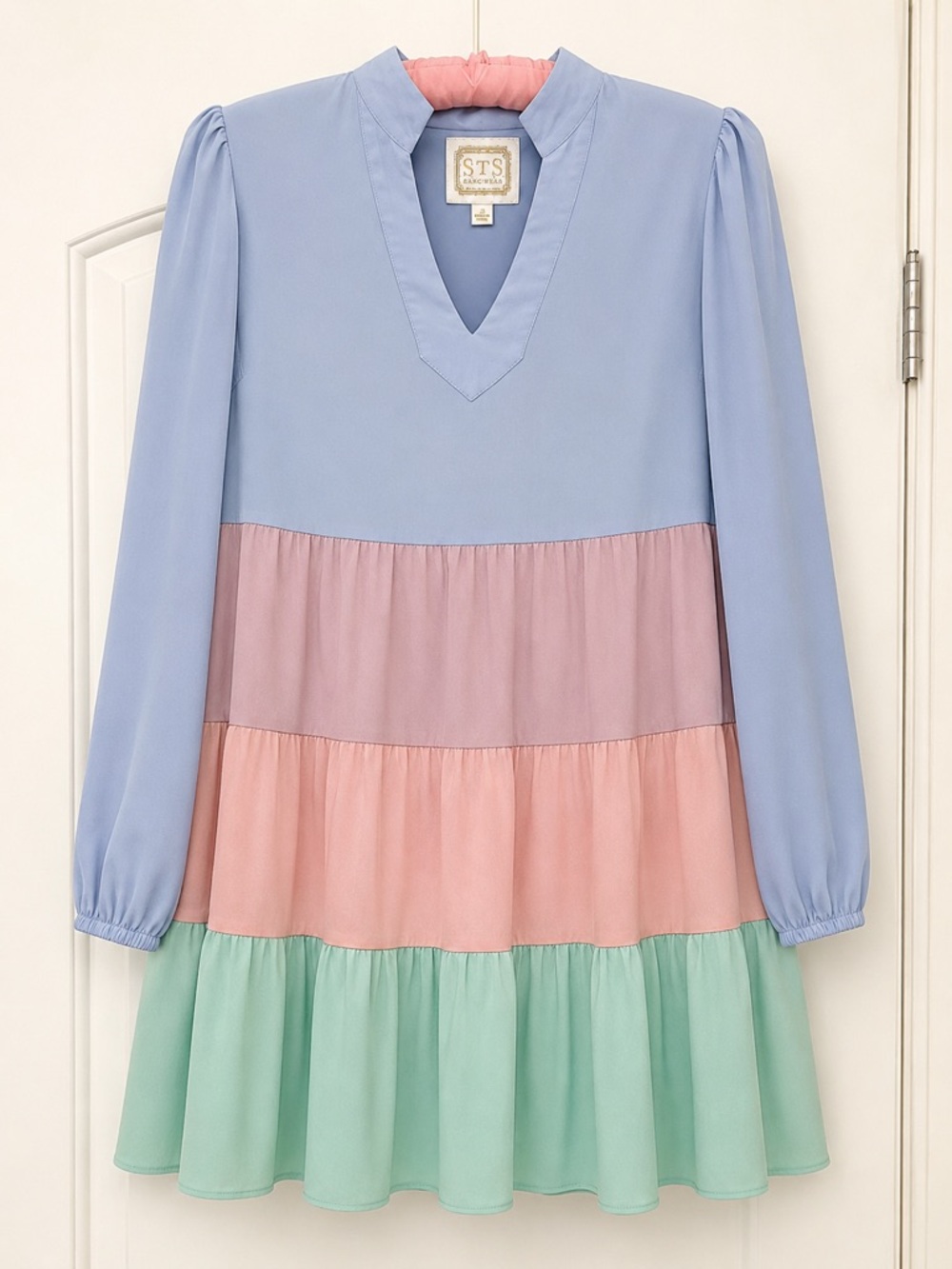Sail to Sable Colorblock Tiered Shift Dress Pastel Blue Pink Green Size